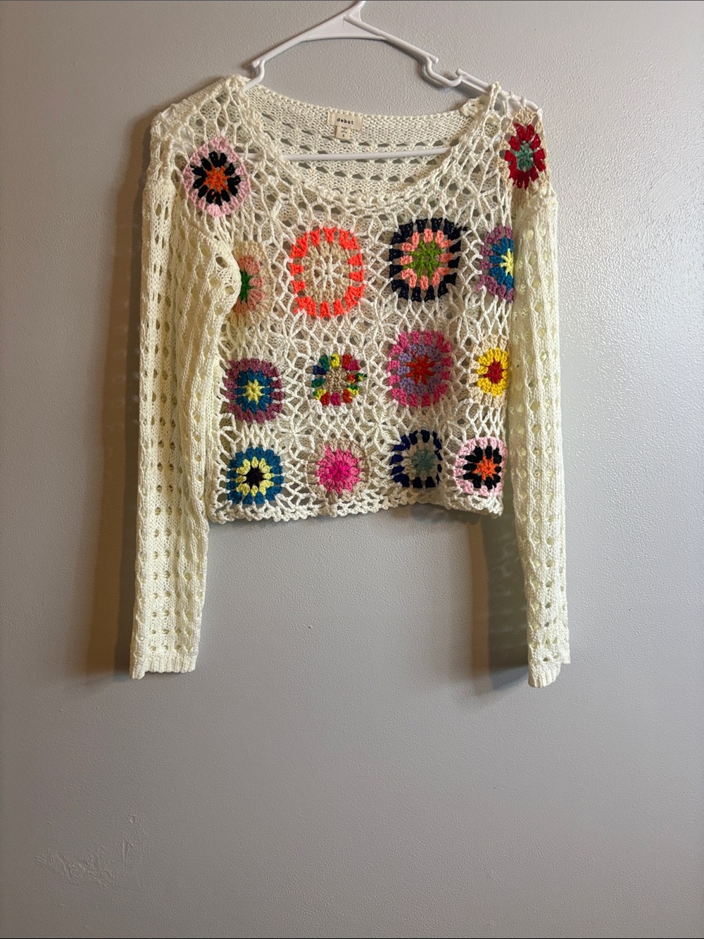 debut Cream Crochet Open Knit Sweater with Multicolor Flower Patches